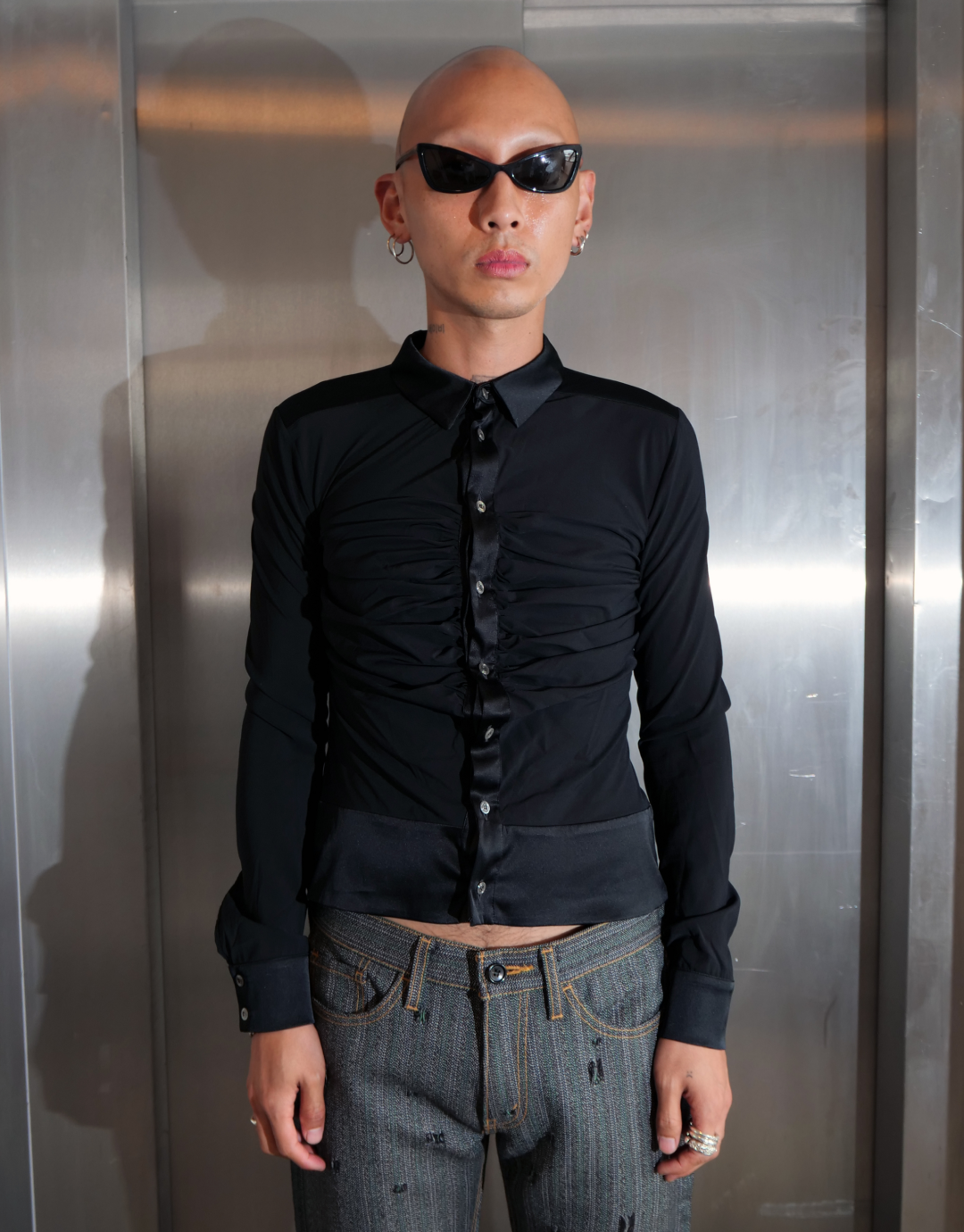 Black Ruched Button Up Silk Shirt