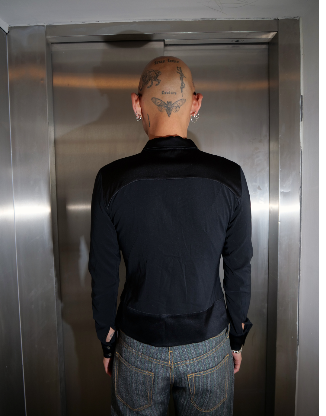 Black Ruched Button Up Silk Shirt