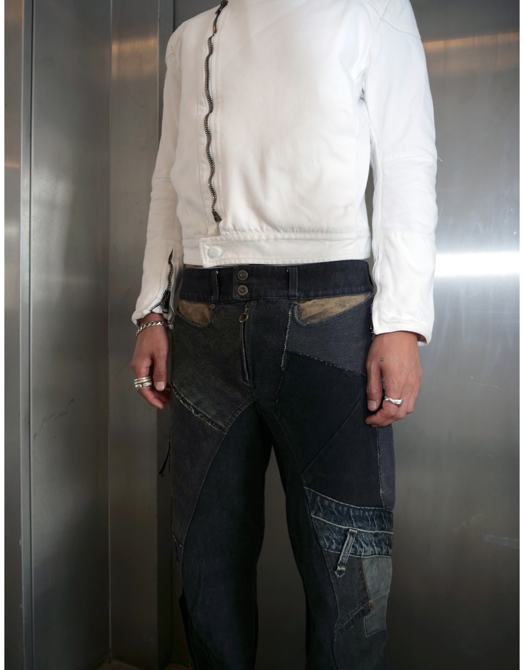 White Denim Biker Asymmetric Zip-Up Jacket