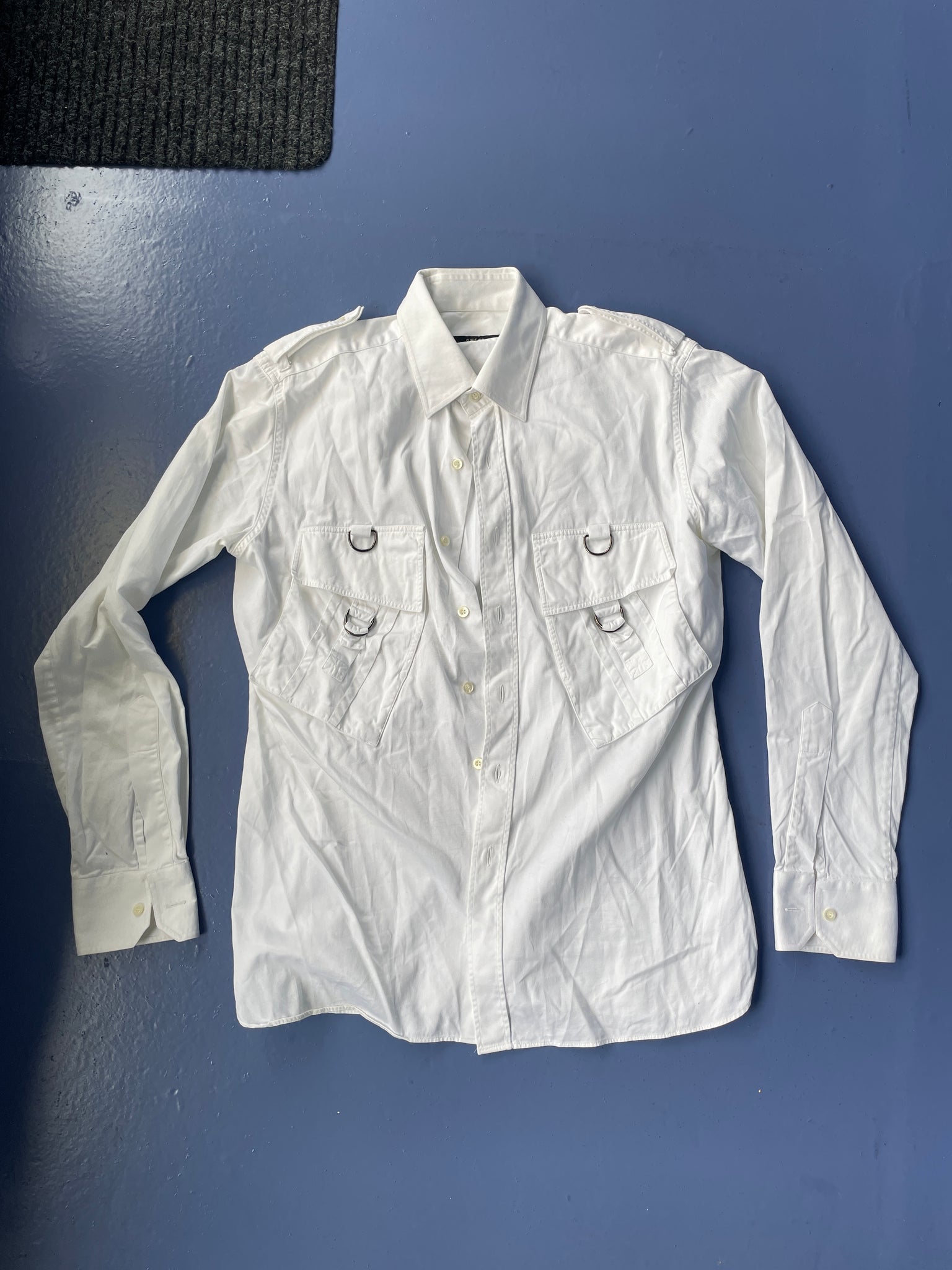 White Longsleeve Shirt with Silver Buckles Pockets