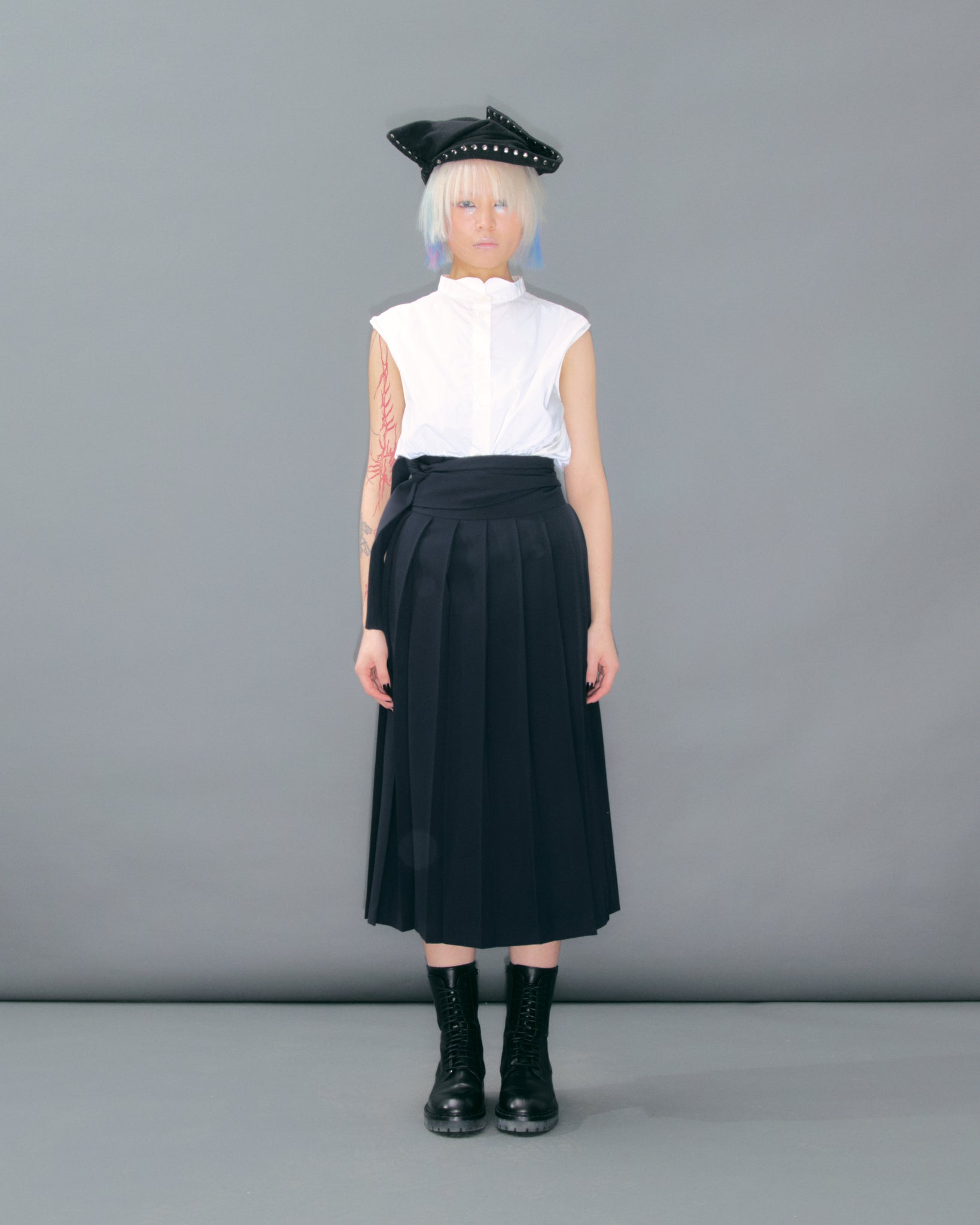 Navy wool Pleated Wrap Skirt