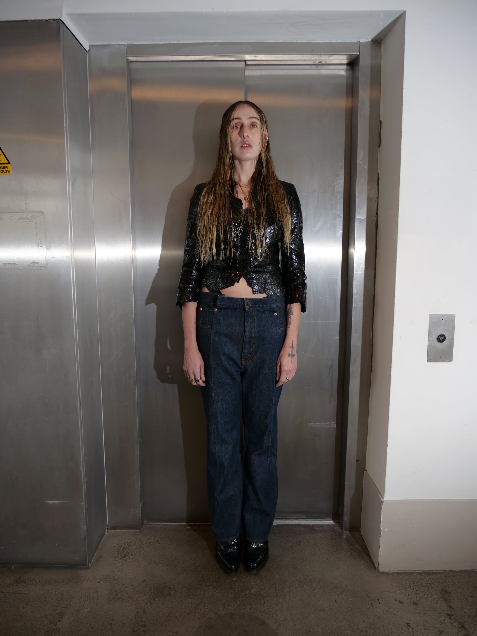 Mugler Patent Crocodile Leather Jacket Cropped